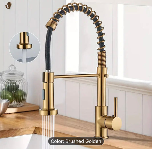 Brushed Gold Kitchen Sink Faucet with Pull-Out Sprayer